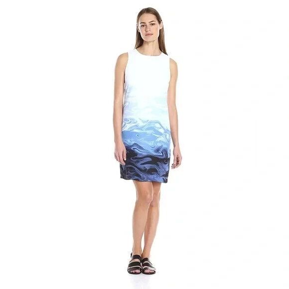 Vince Camuto womens Knee Length A Line Shift Dress size 12 White Blue Wavy Print - Picture 1 of 6